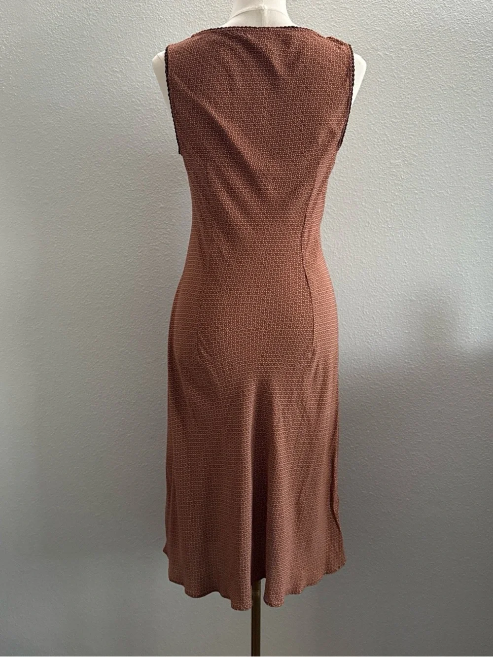 Vintage Tessuto Brown Geometric Print Bias Cut Midi Slip Dress Made in USA Sz L